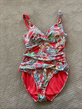 Lauren Ralph Orange Paisley Ruched One-Piece Swimsuit